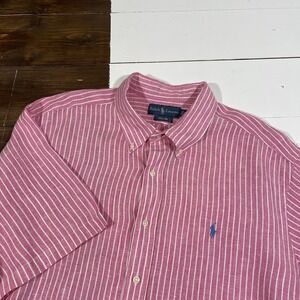 Ralph Lauren 100% Linen Pink Stripe‎ Button Down Shirt Men's 2XL Preppy